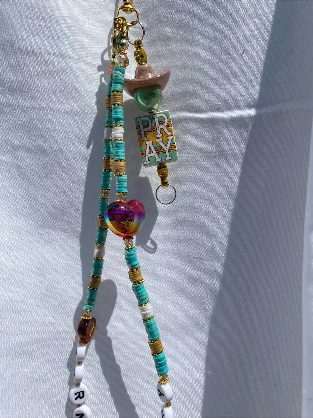 Beaded Aqua & White Key/Card Holder Charm - “Born Country”